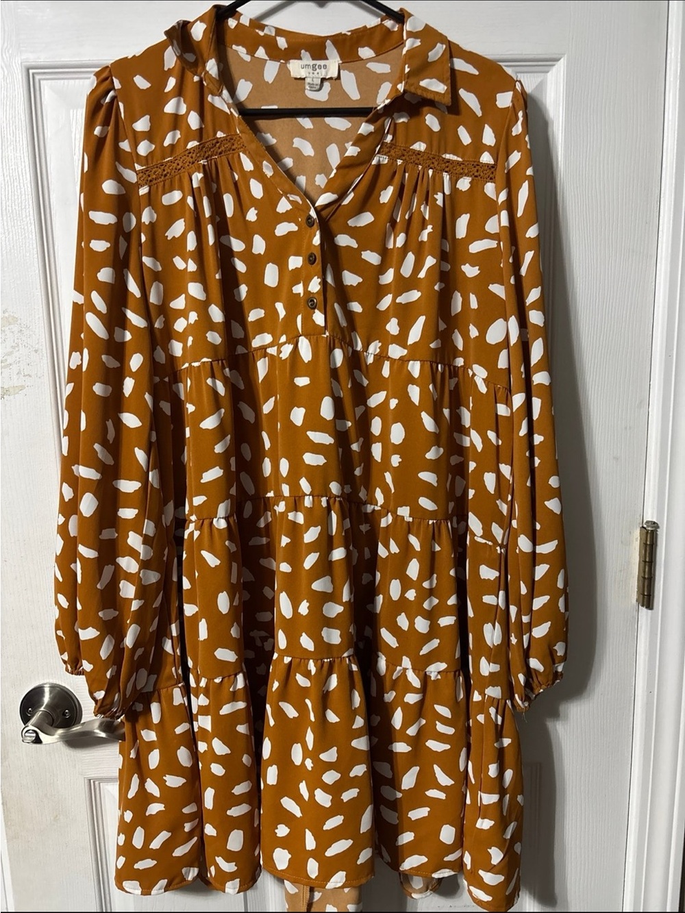 Umgee Mustard Dot-Print Tiered Button Dress